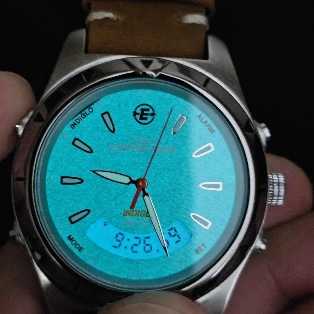 Timex Expedition Ana Dig Men Watch 38MM Green Dial NEW Leather Bands New Battery
